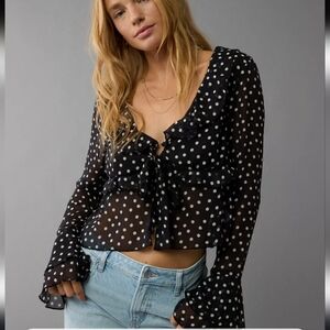 NWT American Eagle Long Sleeve Ruffle Baby Doll Blouse Front Tie Crop Size M